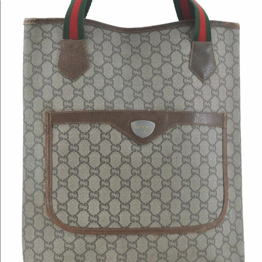 Auth GUCCI Plus Web Sherry Line GG Plus Shoulder Tote Bag PVC Leather Brown - Picture 8 of 13